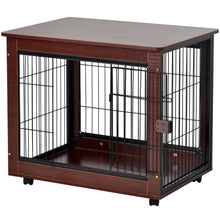 Load image into Gallery viewer, 31” Length Furniture Style Pet Dog Crate Cage End Table with Wooden Structure and Iron Wire and Lockable Caters, Medium Dog House Indoor Use.