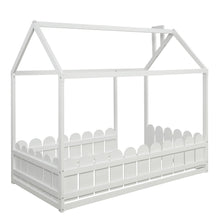 Load image into Gallery viewer, (Slats are not included) Twin Size Wood Bed House Bed Frame with Fence, for Kids, Teens, Girls, Boys (White )