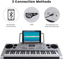 Load image into Gallery viewer, 61 Keys Electronic Keyboards Portable Piano Keyboard for Beginners Set with Full Size Lighted Keys, Built-In Speakers, Microphone, OTG Cable, Music Stand, Keyboard Stand and Bench, Silver
