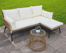Load image into Gallery viewer, 3PCS Outdoor Patio Balcony L Shape Natural Color Wicker Sofa Set with Beige Cushion And Round Tempered Glass Table
