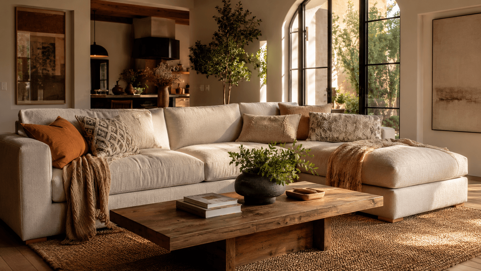 Sunlit living room with sectional sofa