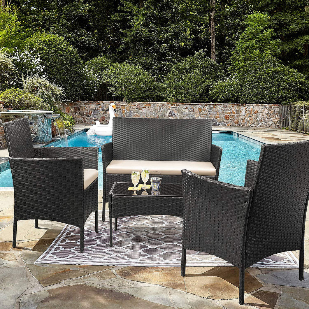 4-Piece Outdoor Patio Rattan Furniture Set Wicker Chair Sofa Table with Cushions