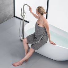Load image into Gallery viewer, TrustMade Double Handle Freestanding Tub Filler with Handshower, Brushed Nickel - R01
