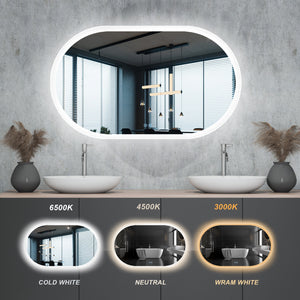 24*40 Inch Bathroom Mirror with Lights, Anti Fog Dimmable LED Mirror for Wall Touch Control, Frameless Oval Smart Vanity Mirror Horizontal Hanging