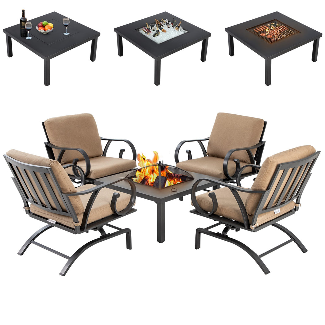 LAUSIANT Home 5 Piece Luxury Outdoor Furniture Conversation Set,Patio Rocking Chairs with Fire Table Pits,Bistro Sets for Balcony Yard Garden，Weight Capacity 350Lbs