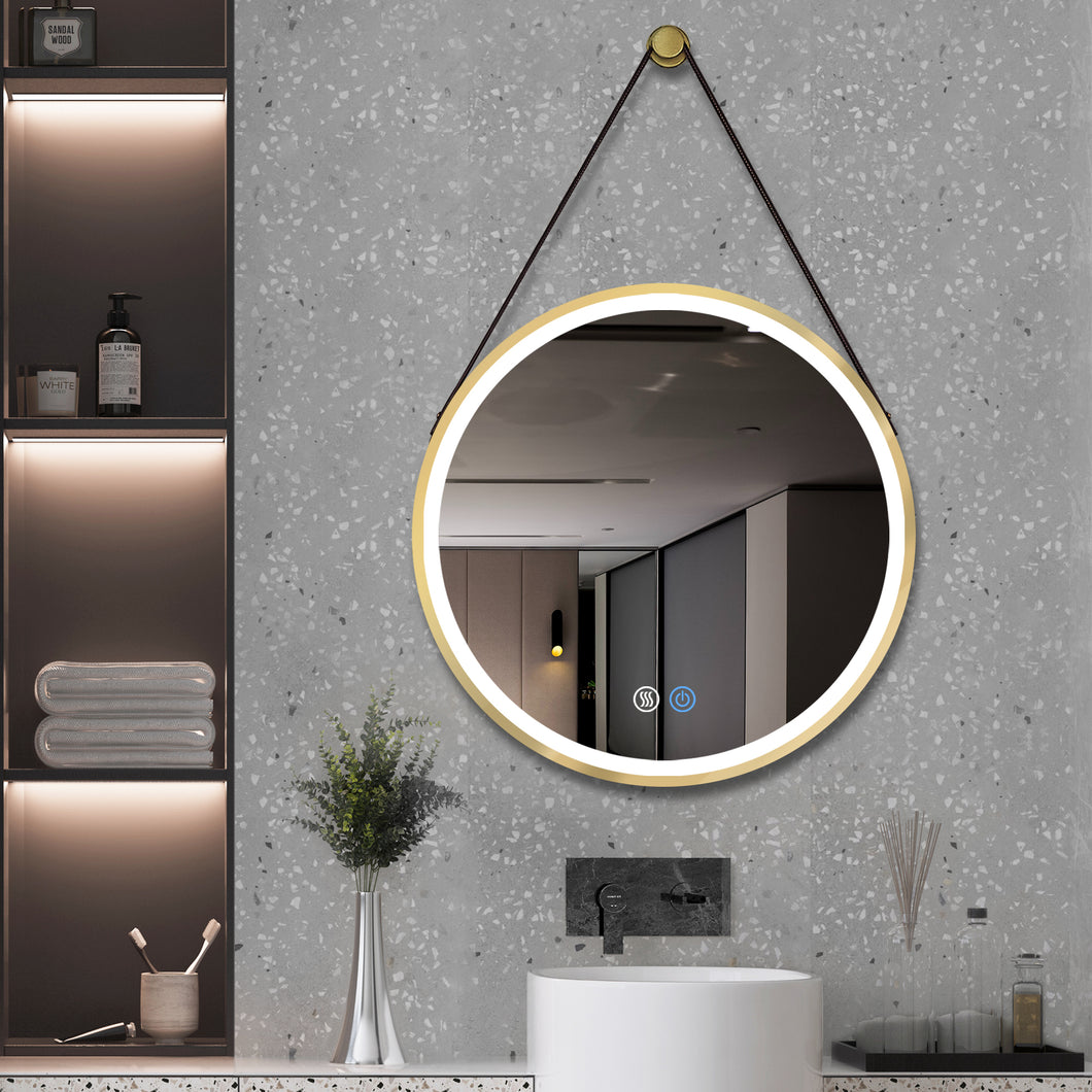 32 Inch Golden Round Frame with Lamp Hanging Bathroom Mirror