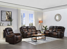 Load image into Gallery viewer, Power Motion Sofa Usb Charge Port-Electric Three Seater,Adjustable Headrest Upholstered In Dark And Light Brown Top Grain Leather. Listing does not include Chair and Loveseat.
