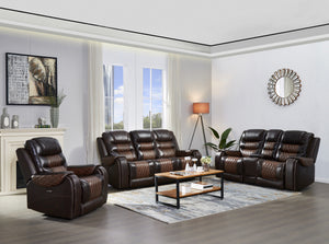 Power Motion Sofa Usb Charge Port-Electric Three Seater,Adjustable Headrest Upholstered In Dark And Light Brown Top Grain Leather. Listing does not include Chair and Loveseat.