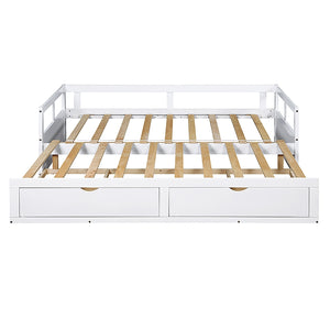 Wooden Daybed with Trundle Bed and Two Storage Drawers , Extendable Bed Daybed,Sofa Bed for Bedroom Living Room,White