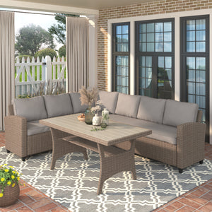 TOPMAX Patio Outdoor Furniture PE Rattan Wicker Conversation Set All-Weather Sectional Sofa Set with Table & Soft Cushions (Brown)