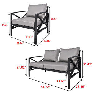 Patio Furniture Metal Arm Chair, 3 Piece Garden Outdoor Contemporary Sofa , Black Metal Conversation Set with Grey Cushions