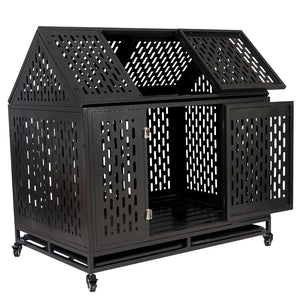 Heavy Duty Dog Crate Cage Kennel Strong Metal Frame Kennel Durable Indoor & Outdoor Kennel for Large Dogs, Easy to Assemble and Move with Four Wheels