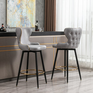A&A Furniture,29" Modern Fabric Faux Leather bar chairs,180° Swivel Bar Stool Chair for Kitchen,Tufted Gold Nailhead Trim Gold Decoration Bar Stools with Metal Legs,Set of 2 (Light Grey)