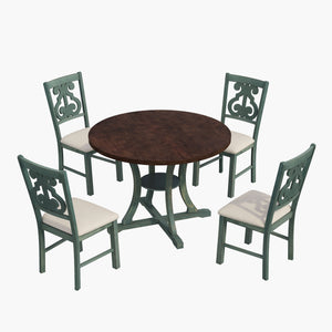 TREXM 5-Piece Round Dining Table and 4 Fabric Chairs with Special-shaped Table Legs and Storage Shelf (Antique Blue/ Dark Brown)