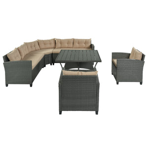 GO 6-Piece Outdoor Wicker Sofa Set, Patio Rattan Dinning Set, Sectional Sofa with Thick Cushions and Pillows, Plywood Table Top, For Garden, Yard, Deck. (Gray Wicker, Beige Cushion)