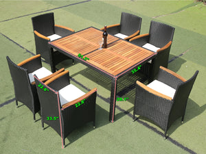 EELIFEE 7 piece Outdoor Patio Wicker Dining Set Patio Wicker Furniture Dining Set w/Acacia Wood Top