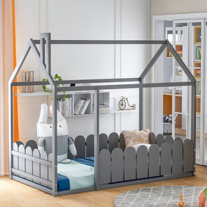 （Slats are not included) Twin Size Wood Bed House Bed Frame with Fence, for Kids, Teens, Girls, Boys (Gray )