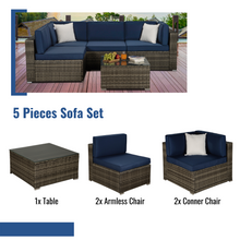 Load image into Gallery viewer, Beefurni Outdoor Garden Patio Furniture 5-Piece Dark Gray PE Rattan Wicker Sectional Navy Cushioned Sofa Sets with 2 Begie Pillows

