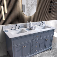 Load image into Gallery viewer, Montary 61‘’x22&quot; bathroom stone vanity top  engineered stone carrara white marble color with double rectangle undermount ceramic sink and 3 faucet hole with back splash .

