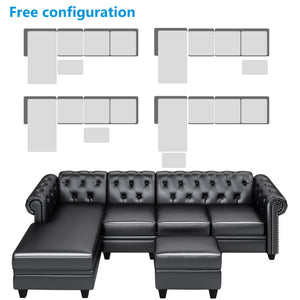 [VIDEO provided] 116" Chesterfield Sectional Sofa Set, PU Leather 4-Seat Living Room Set, L-Shape Couch in Home, with Storage Ottoman ,Nailheaded (Left Hand Facing,Black)