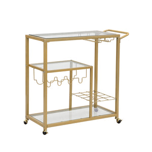 Golden Bar Serving Cart with Wine Rack and Glass Holder for home and kitchen, 3-tier Shelves, Metal Frame and Temper Glass