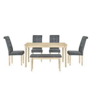 TOPMAX 6 Piece Dining Table set with Tufted Bench,Wooden Kitchen Table Set w/ 4 Upholstered Dining Chairs,Gray