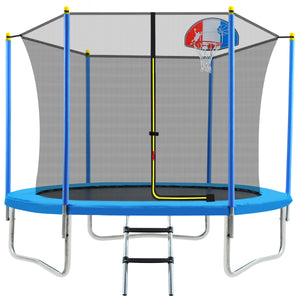 8FT Trampoline for Kids with Safety Enclosure Net, Basketball Hoop and Ladder, Easy Assembly Round Outdoor Recreational Trampoline