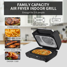 Load image into Gallery viewer, Geek Chef Airocook Smart 7-in-1 Indoor Electric Grill Air Fryer Family Large Capacity with Air Crisp Dehydrate Roast Bake Broil Pizza and Cyclonic Grilling Technology Countertop Grill Stainless Steel
