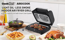 Load image into Gallery viewer, Geek Chef Airocook Smart 7-in-1 Indoor Electric Grill Air Fryer Family Large Capacity with Air Crisp Dehydrate Roast Bake Broil Pizza and Cyclonic Grilling Technology Countertop Grill Stainless Steel
