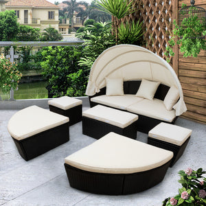 Outdoor rattan daybed sunbed with Retractable Canopy Wicker Furniture, Round Outdoor Sectional Sofa Set, black Wicker Furniture Clamshell  Seating with Washable Cushions, Backyard, Porch, Beige.