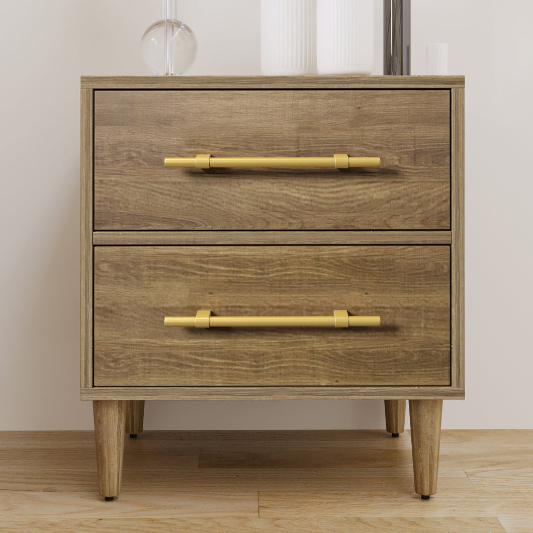 Mid-Century Modern Nightstand with Golden Handles, Two-Drawer, Natural Walnut