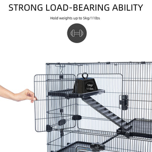 【VIDEO provided】4-Tier 32"Small Animal Metal Cage Height Adjustable with Lockable Casters  Grilles Pull-out Tray for Rabbit Chinchilla Ferret Bunny Guinea Pig Squirrel Hedgehog(BLACK)