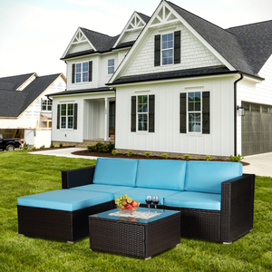 Beefurni Outdoor Garden Patio Furniture 5-Piece Brown PE Rattan Wicker Sectional Blue Cushioned Sofa Sets