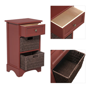 End Table, Accent Cabinet, with 1 Drawers and 2 Baskets, for Kitchen/Dining/Entrance/Bedroom (red)