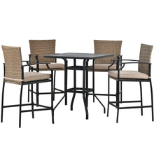 Load image into Gallery viewer, TOPMAX Outdoor Patio 5-Piece PE Rattan Counter Height Dining Table Set with 4 Dining Chairs and Cushions for Backyard, Garden, Poolside, Brown Wicker+Black Frame
