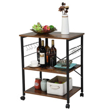 Load image into Gallery viewer, Wood Kitchen Cart with 3-Tier Storage Space, Movable Microwave Stand with 10 Hooks - Brown and Frosted Black
