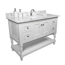 Load image into Gallery viewer, Montary 43‘’x22&quot; bathroom stone vanity top  engineered stone carrara white marble color with rectangle undermount ceramic sink and  single faucet hole with back splash .
