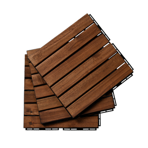 BEEFURNI 12" x 12" Square Acacia Wood Interlocking Flooring Tiles Striped Pattern Pack of 10 Tiles