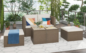 TOPMAX Outdoor 6-Piece Garden Furniture Set, PE Wicker Rattan Sectional Sofa Set with 2 Tea Tables, Brown Wicker+Beige Cushion