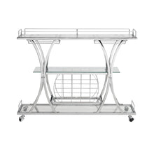 Load image into Gallery viewer, Contemporary Chrome Bar Cart with Wine Rack Silver Modern Glass Metal Frame Wine Storage
