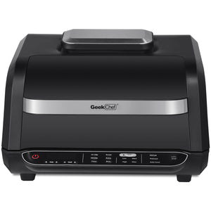 Geek Chef Airocook Smart 7-in-1 Indoor Electric Grill Air Fryer Family Large Capacity with Air Crisp Dehydrate Roast Bake Broil Pizza and Cyclonic Grilling Technology Countertop Grill Stainless Steel