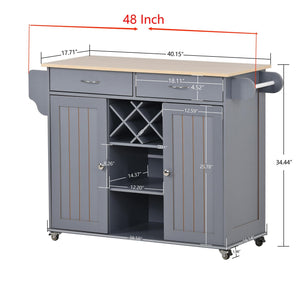 Kitchen Island Cart with Two Storage Cabinets and Four Locking Wheels，Wine Rack, Two Drawers,Spice Rack, Towel Rack （Grey Blue）