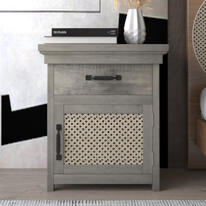 Rustic Nightstand with Drawer and Rattan Design Cabinet,Gray