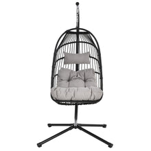 Load image into Gallery viewer, TOPMAX Patio Foldable Swing Chair Porch PE Wicker Egg Hanging Chair Hammock Chair w/Stand and Cushion for Outdoor Balcony Indoor Bedroom, Gray
