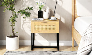 Nightstand Side Table, End Table, Sofa Side Table, with Wicker Rattan, Wood Color MDF and Black Steel Frame