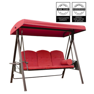 3-Seat Outdoor Patio Porch Swing Chair, Adjustable Canopy Swing Glider with Weather Resistant Steel Frame, Adjustable Tilt Canopy,Removable Cushions and Pillow Included for Backyard，Red