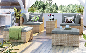 TOPMAX Outdoor Patio Furniture Set, 5-Piece Wicker Rattan Sectional Sofa Set, Brown and Gray
