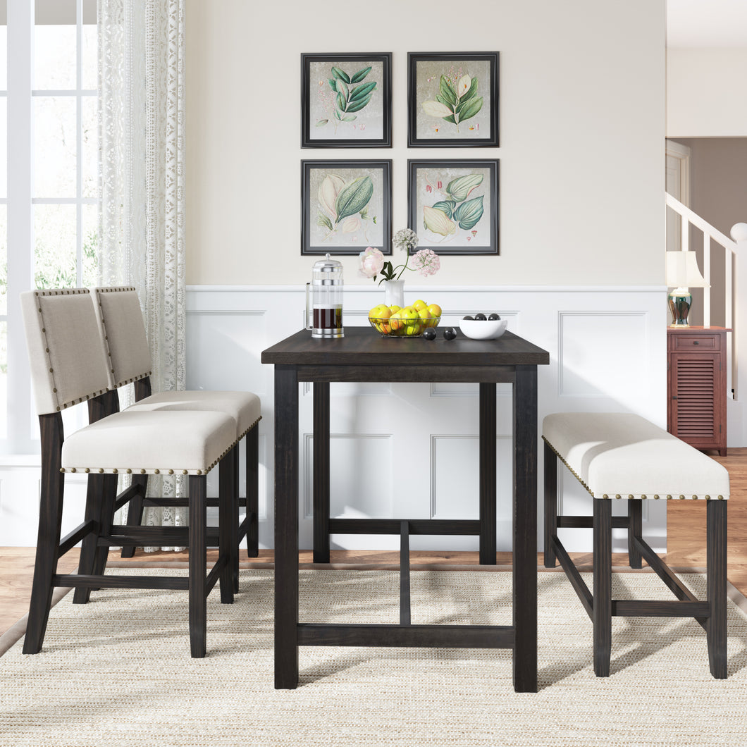 TOPMAX 4 Piece Rustic Wooden Counter Height Dining Table Set with Upholstered Bench for Small Places, Espresso+ Beige