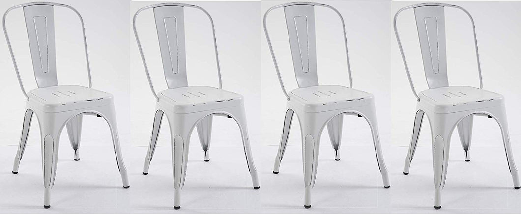 BTExpert Metal White Distressed Chic Indoor Outdoor Stackable Bistro Cafe Dining Side Chairs Set of 4