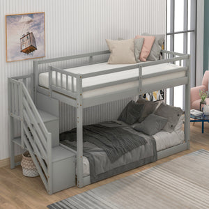 Twin over Twin Floor Bunk Bed,Ladder with Storage, Gray（New)